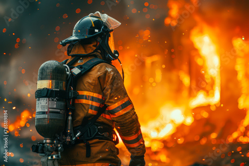 Brave firefighter in full gear saves the day by extinguishing a blazing building photo