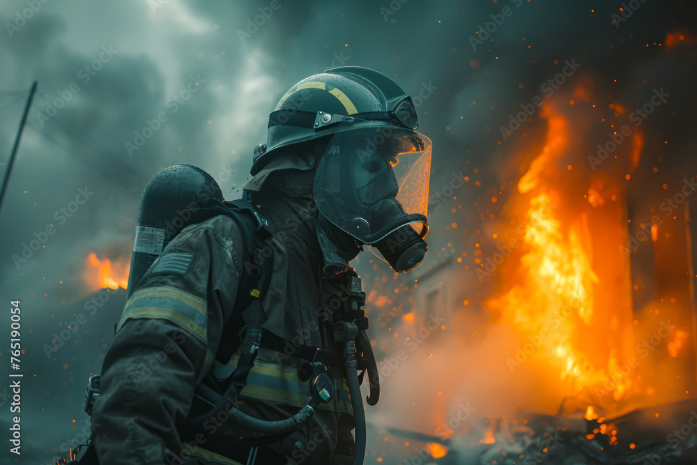 Brave firefighter battles flames to save a burning building in full gear Brave firefighter battles flames to save a burning building in full gear