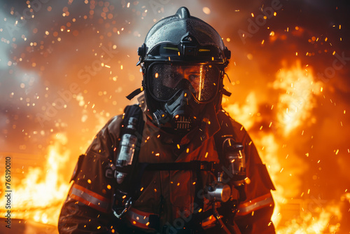 Brave firefighter in full gear extinguishing flames at burning structure. © Fernando Cortés