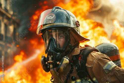 Brave firefighter in full gear extinguishes flames at burning structure © Fernando Cortés