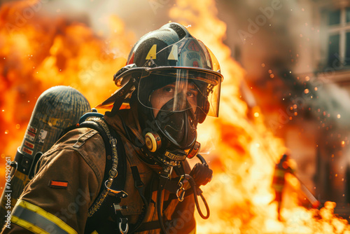Heroic firefighter extinguishing flames in a burning structure © Fernando Cortés