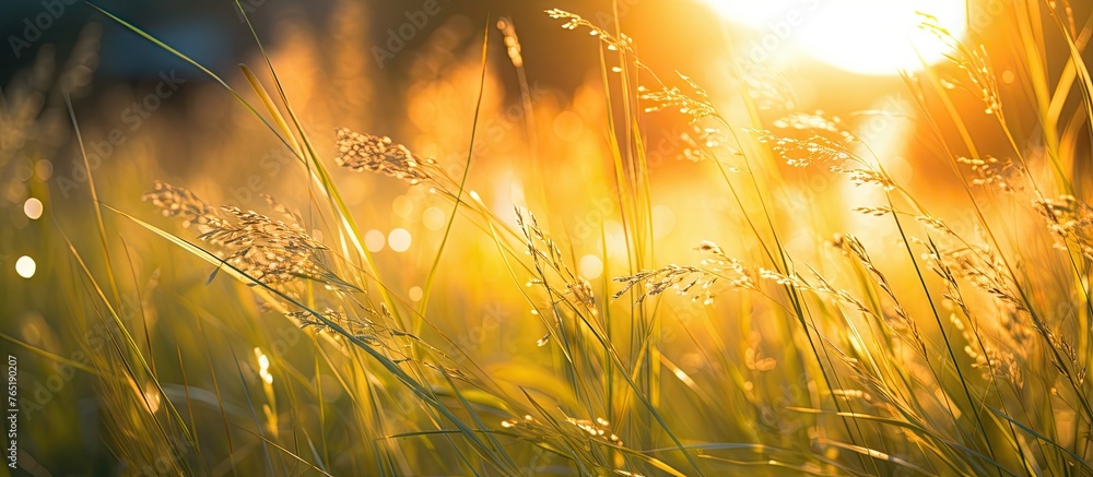 Sunlight filtering through tall grass at sunset