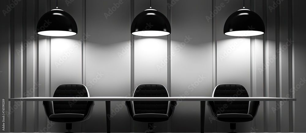 Fototapeta premium Monochrome photo of a conference room with a rectangular table and chairs in a symmetrical layout. The ceiling has a unique font design. The room features automotive lighting and gas tints