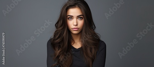 A woman with long brown hair, wearing a black shirt, is looking at the camera and her eyelashes are highlighted in the flash photography