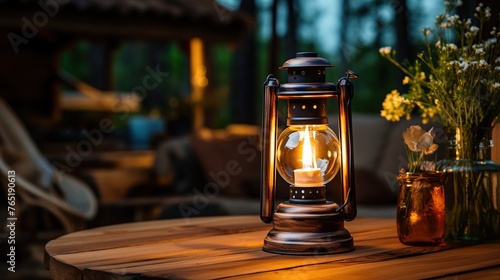 Antique kerosene lamp with lights on wooden table photo