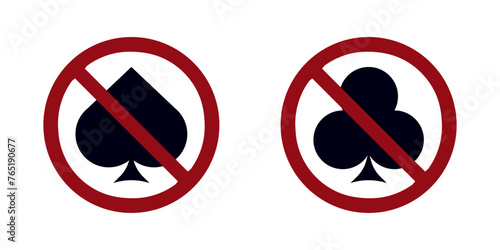 Gambling casino ban prohibit icon. Not allowed illegal poker crossed circle
