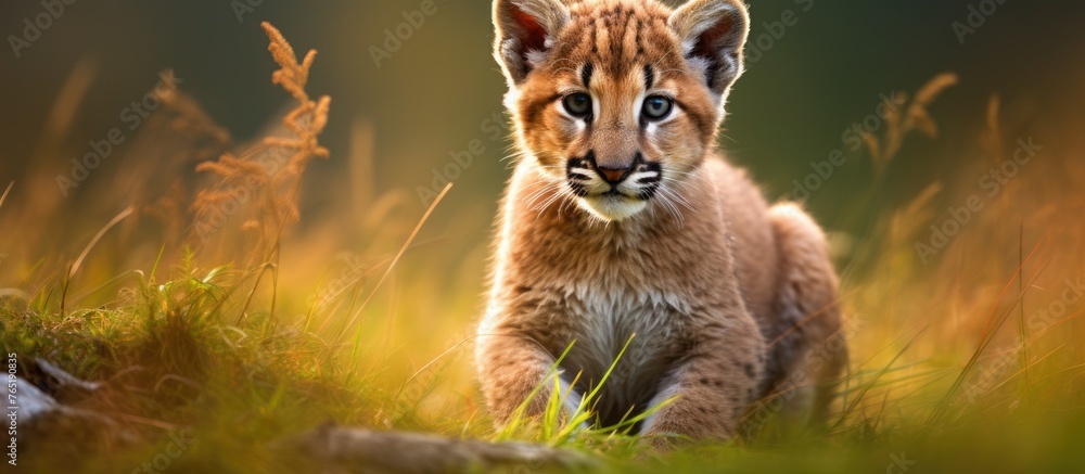 Obraz premium Young lion cub walking in grassy field