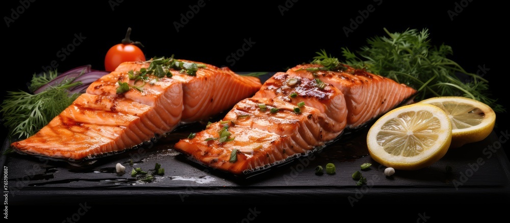 Grilled salmon pieces with lemon and parsley on a dark plate Grilled salmon pieces with lemon and parsley on a dark plate