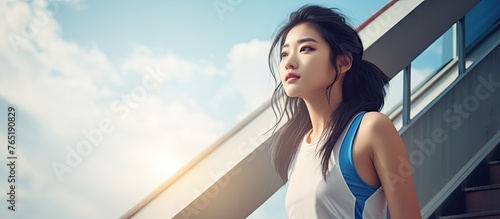 Woman on staircase, Asian girl in sportswear climbing morning stairs photo