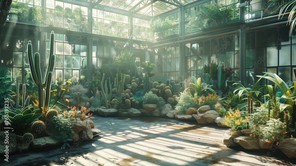 Fototapeta premium A lush 3D isometric greenhouse scene featuring a mix of succulents