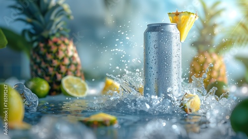 Aluminum cans without logos with ice, pineapple and lime splashes. Layout of advertising banners, etc. photo