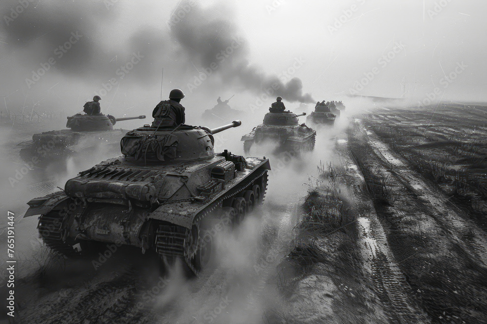 March of Victory: Capturing the Essence of WW2 through Black and White War Photography - obrazy, fototapety, plakaty 
