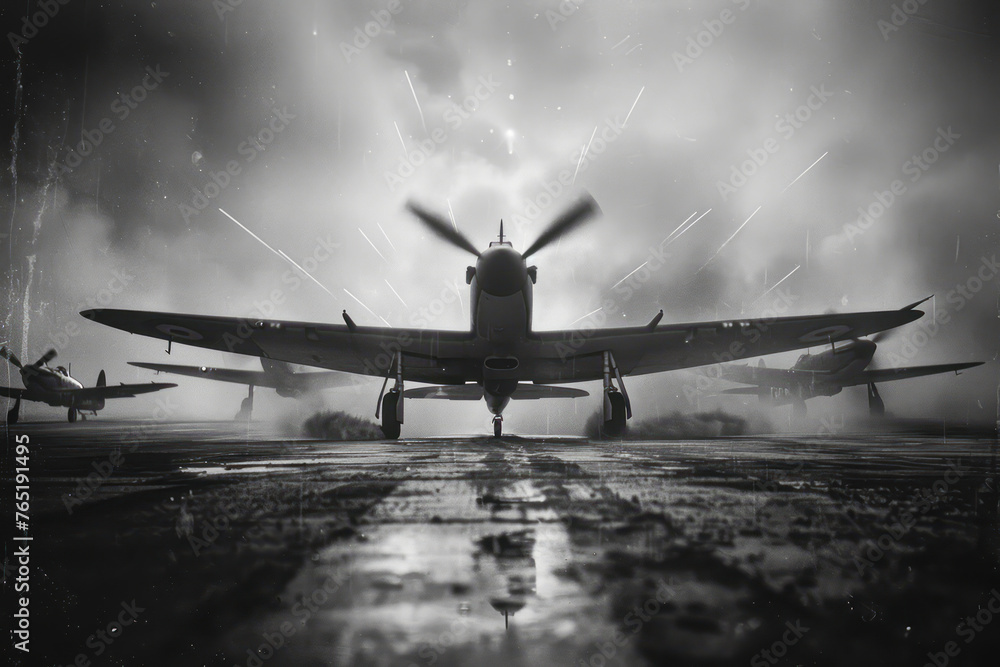 Fototapeta premium Westward Bound: WWII Era Airfield Advancement Captured in Monochrome War Photography