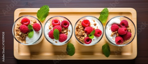 Four yogurt glasses with raspberries and granola on wooden tray