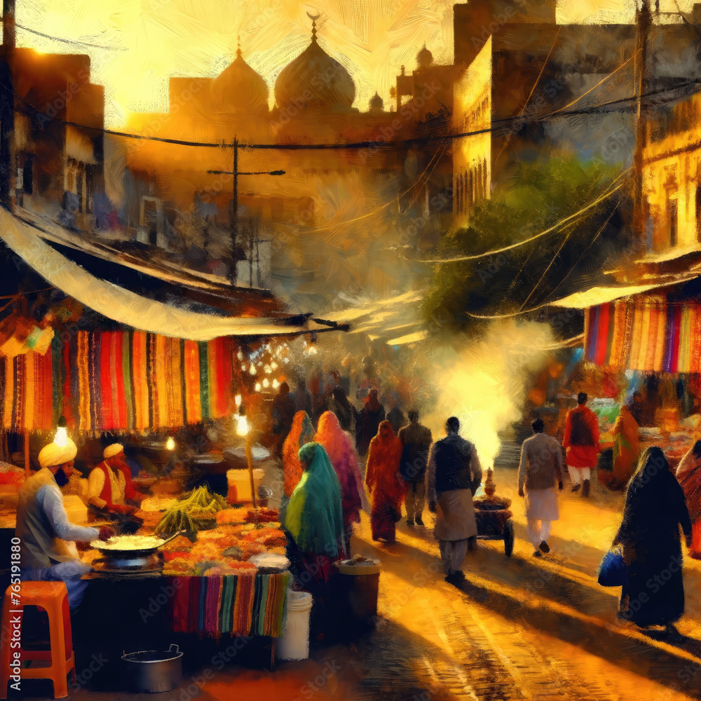 Bustling Evening Market in Traditional Indian Bazaar Oil Acrylic Painting On Canvas Artwork Bustling Evening Market in Traditional Indian Bazaar Oil Acrylic Painting On Canvas Artwork