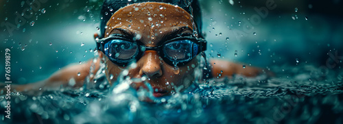 Determined female triathlete powering through rain swim.