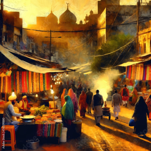 Bustling Evening Market in Traditional Indian Bazaar Oil Acrylic Painting On Canvas Artwork © nichi