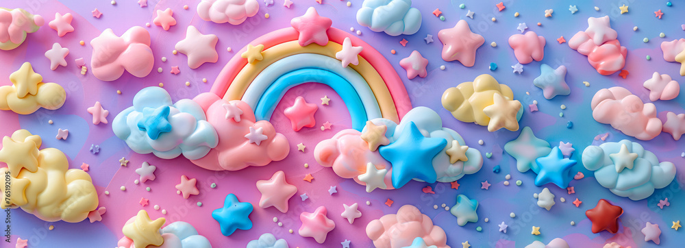 Pastel Dreams: 3D Clay Style Mobile Wallpaper with Soft Rainbows, Clouds, and Stars in Vibrant Pink Tones - Kawaii and Dreamy