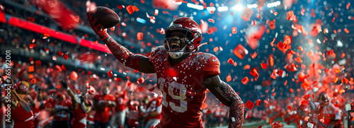 Red-clad football star celebrates scoring a touchdown in packed Super Bowl stadium photo