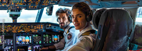 Male and Female Pilots in Cockpit of International Passenger Flight: Dashboard Controls and Monitors © Fernando Cortés