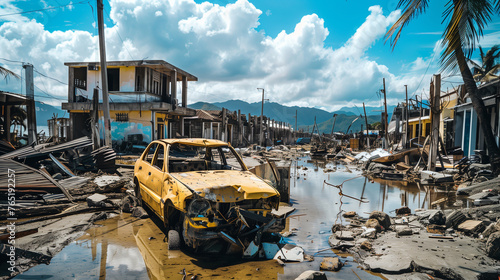 Post-Hurricane Devastation in Coastal Town. A yellow, wrecked car amidst the ruins of a devastated coastal town following a hurricane, with damaged buildings and debris.