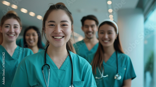 Smiling Medical Team in Hospital Corridor. A group of cheerful healthcare professionals with stethoscopes posing in a bright hospital corridor.