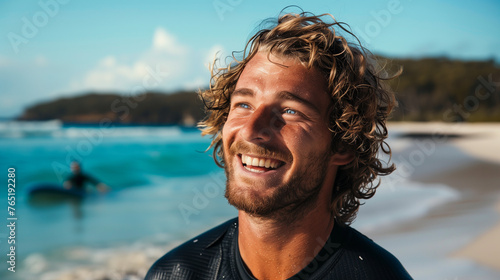 Happy Surfer at Beach with Sunlight. Cheerful young surfer in a wetsuit enjoying the sunny beach atmosphere, with another surfer in the background. © Ai2Swift