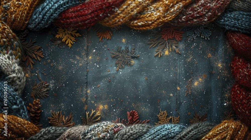 snug winter wonderland with a cozy knitted wool space surrounded by a warm fireside border for showcasing apparel and accessories. - obrazy, fototapety, plakaty 
