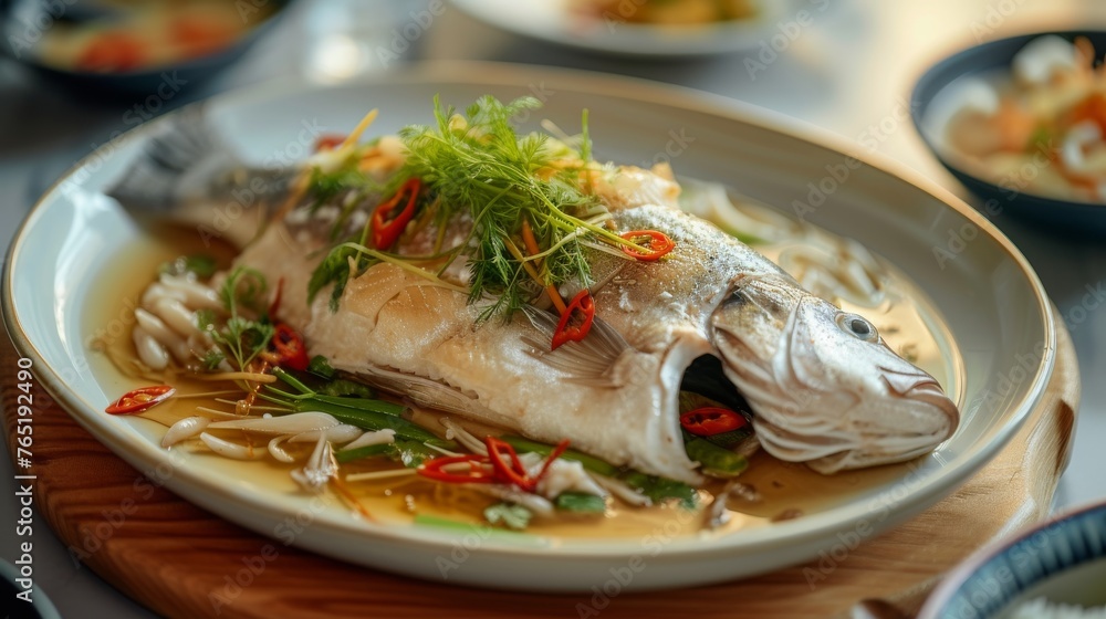Steamed dorado fish with spicy and sour sauce, Thai food Steamed dorado fish with spicy and sour sauce, Thai food