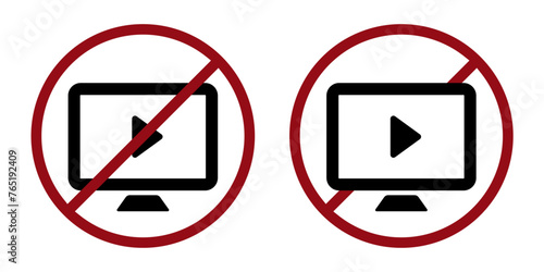 ban to watch video prohibit icon. Not allowed filming. Forbidden video recording