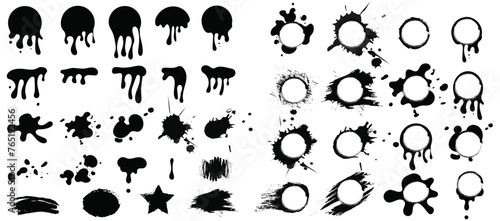 Set of black ink splatter and artistic blot design elements. Ink splashes. Rough smears and stains. Adds a nice texture effect to designs. Hand-drawn vector isolated elements set.