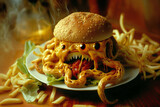 Cheeseburger monster with eyes and tentacles with fries on a plate