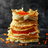 Stack of crepes character with red caviar and a whimsical face on a dark background