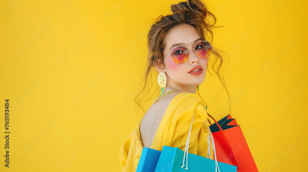 Young happy woman pink dress with shopping bags on yellow background. Young happy woman pink dress with shopping bags on yellow background.