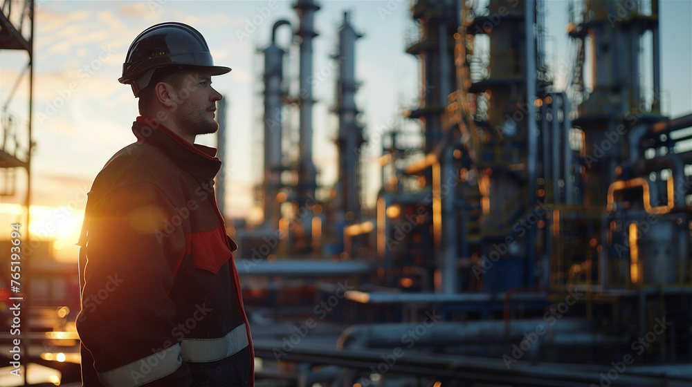 Oil production worker in petroleum-producing background. Industrial, factory background. Oil production worker in petroleum-producing background. Industrial, factory background.