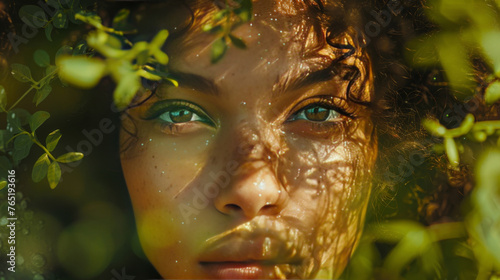 Close-up of a woman s eyes gazing through a veil of green leaves  with shadows creating a captivating pattern on her face.
