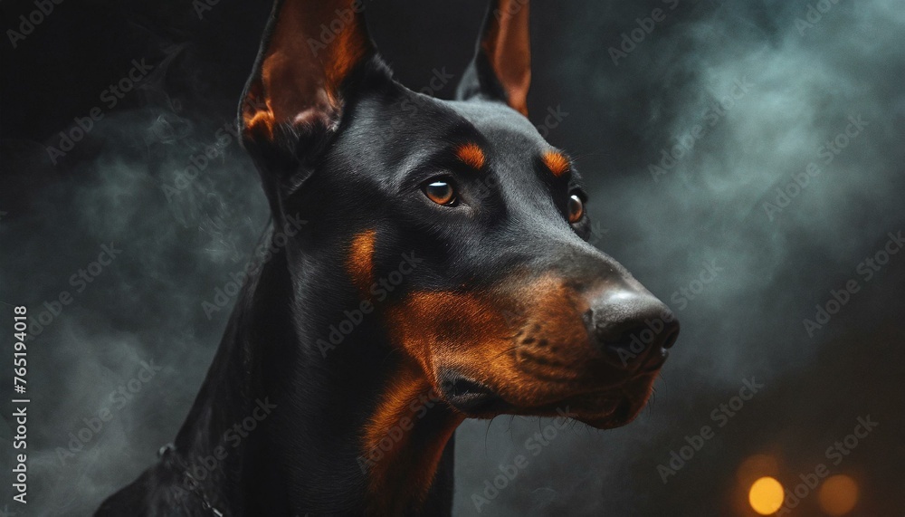Portrait of a Doberman on dark background. 