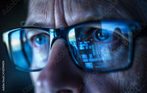 Close up man portrait in glasses reflection of stock trading graphics on the monitor in glasses . © Karo