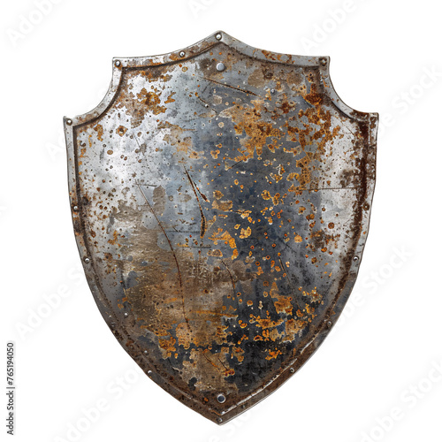 Old rusty, worn and damaged iron shield isolated on transparent background.