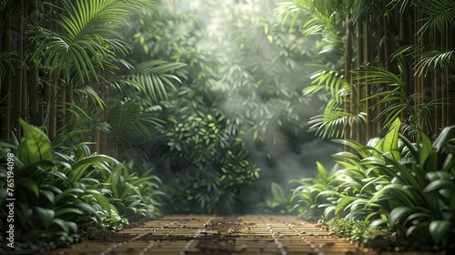 harmonious eco-friendly showcase blending Sustainable Bamboo center with a vibrant Lush Rainforest edge.