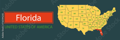 Banner, highlighting the boundaries of the state of Florida on the map of the United States of America. Vector map borders of the USA Florida state.