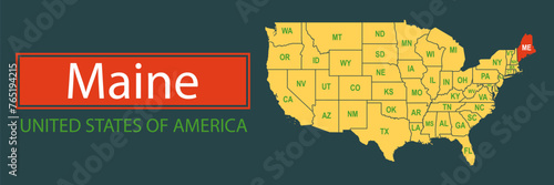 Banner, highlighting the boundaries of the state of Maine on the map of the United States of America. Vector map borders of the USA Maine state.