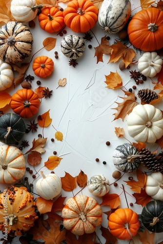 Displays a variety of pumpkins and autumn leaves arranged in a flat lay, capturing the essence of the fall season and Halloween.