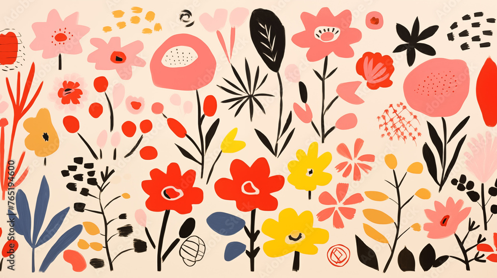 Fond avec des illustrations de fleurs colorées et minimalistes. Plante, nature, art. Pour conception et création graphique.