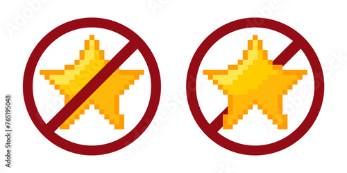 8 bit star ban prohibit icon. Not allowed old video games. Forbidden yellow star