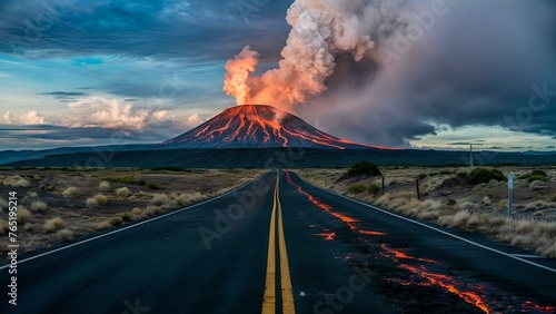 A long road leads towards a volcano