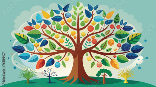 Colorful Tree With Varied Leaves and Fruits Against Blue Sky