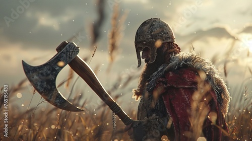 A Saxon warrior using a battle axe that also serves as a solar-powered survival tool photo