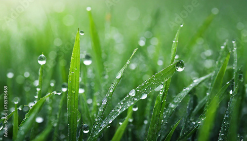 Close-up of dew drops on green grass with blur and glowing on backdrop. Spring season.