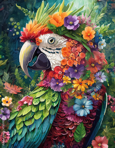 A whimsical parrot made of flowers
